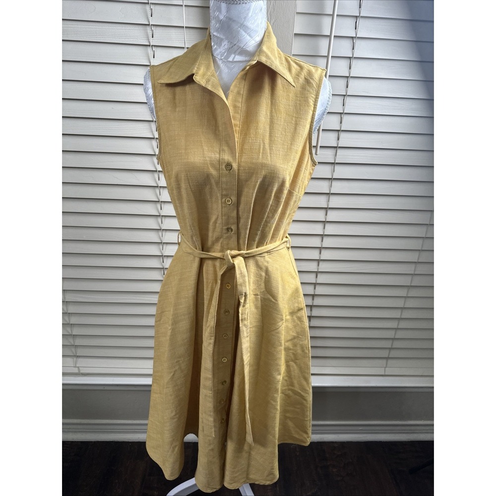 Sharagano Shirt Dress Women's Size 4 Sleeveless Button Front Belt Golden Yellow